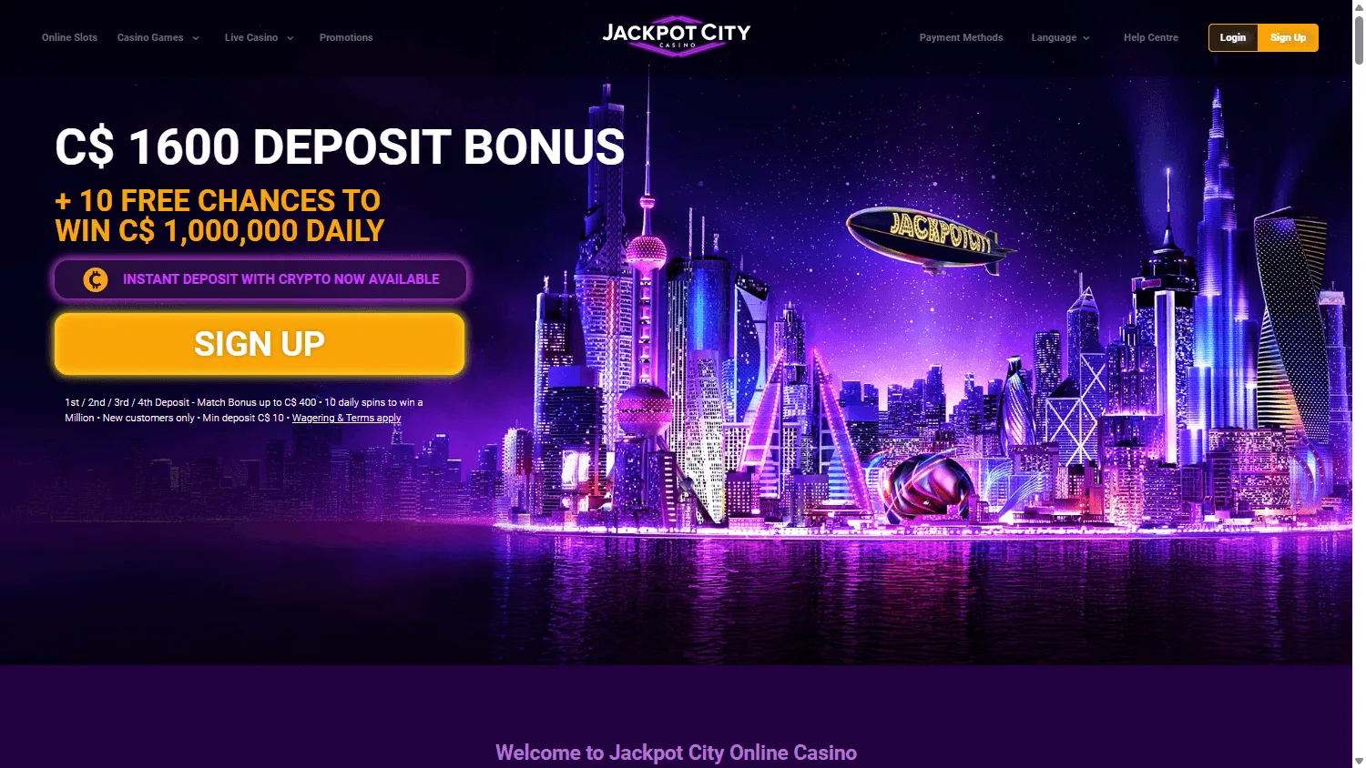 Jackpot City Casino desktop home interface