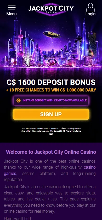 Jackpot City Casino mobile home interface